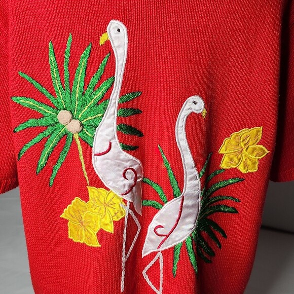 VTG Designers Studio Originals 2X Red Tropical Short Sleeve Sweater Embroidered - Picture 11 of 14